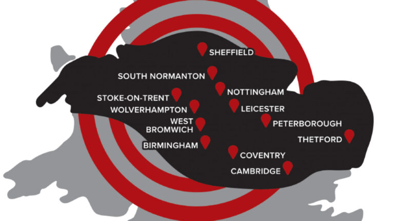 A graphic displaying all Partscomm Network locations across the UK, including Birmingham, West Bromwich, Coventry, Nottingham, Wolverhampton and Stoke On Trent